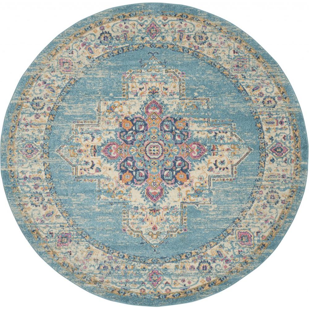 8’ Round Light Blue Distressed Medallion Area Rug - 385338. Picture 1