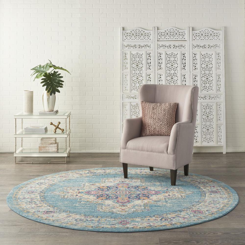 8’ Round Light Blue Distressed Medallion Area Rug - 385338. Picture 4