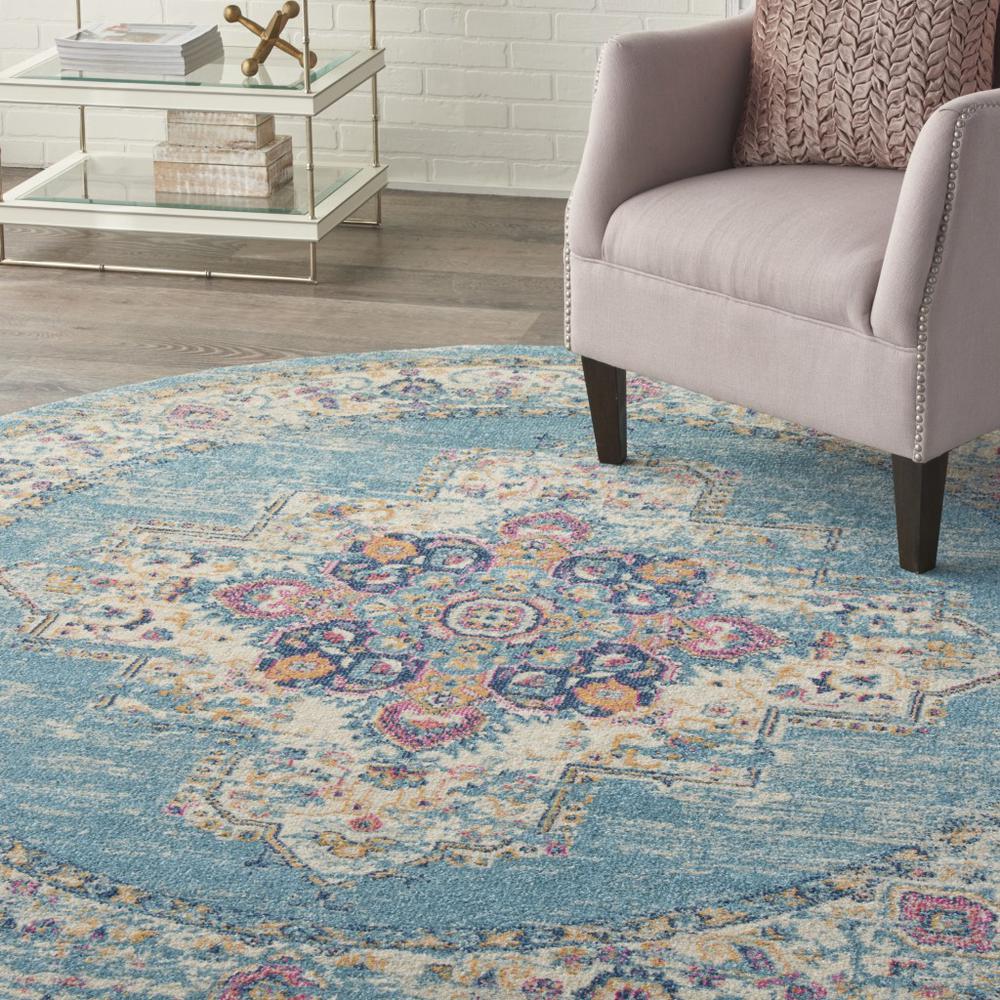 8’ Round Light Blue Distressed Medallion Area Rug - 385338. Picture 5