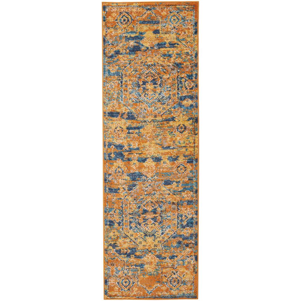 2’ x 6’ Gold and Blue Antique Runner Rug Teal/Sun. Picture 1