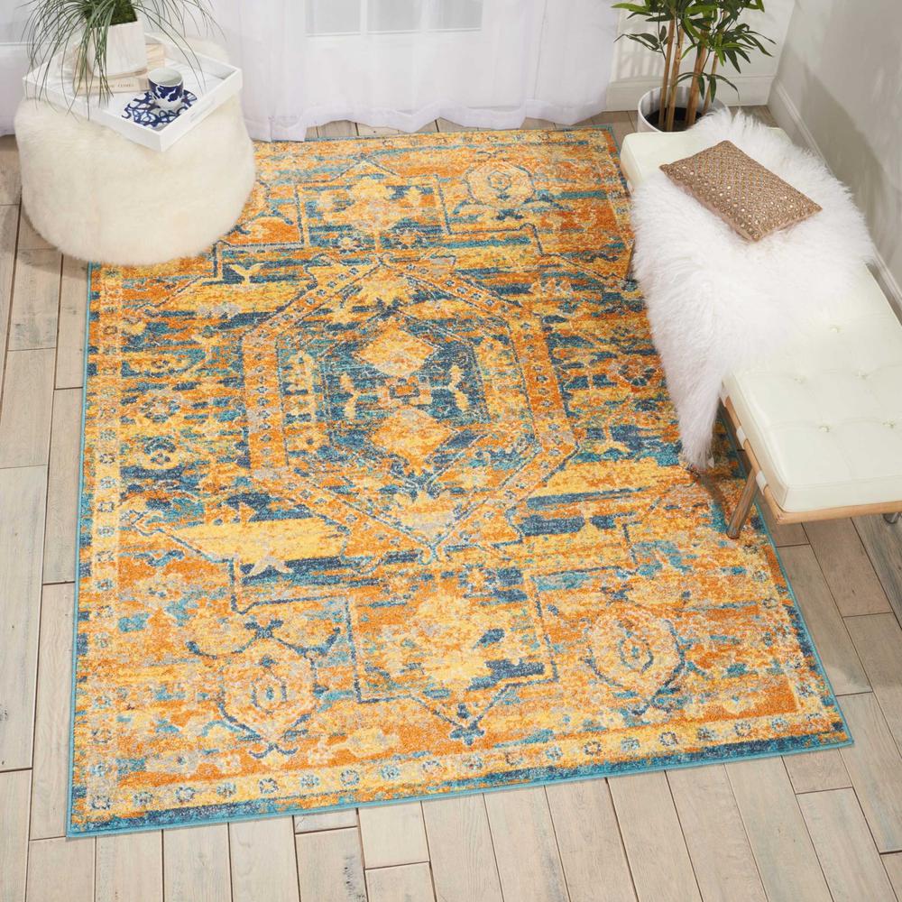 4’ x 6’ Gold and Blue Antique Area Rug Teal/Sun. Picture 4