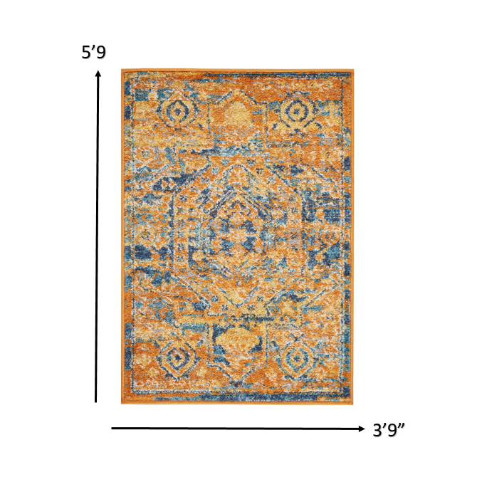 4’ x 6’ Gold and Blue Antique Area Rug Teal/Sun. Picture 6