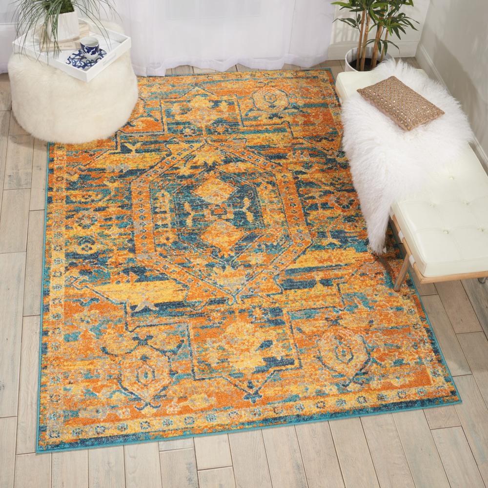 5’ x 7’ Gold and Blue Antique Area Rug Teal/Sun. Picture 5