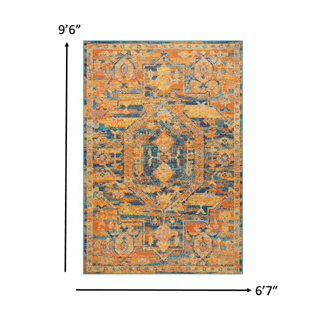 7’ x 10’ Gold and Blue Antique Area Rug Teal/Sun. Picture 6
