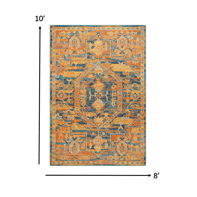 8’ x 10’ Gold and Blue Antique Area Rug Teal/Sun. Picture 6