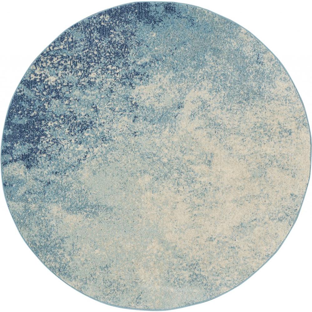 4’ Round Light Blue and Ivory Abstract Sky Area Rug Navy/Light Blue. Picture 1
