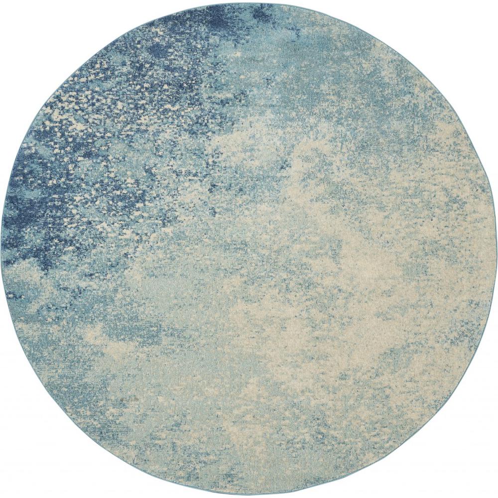 8’ Round Light Blue and Ivory Abstract Sky Area Rug Navy/Light Blue. Picture 1