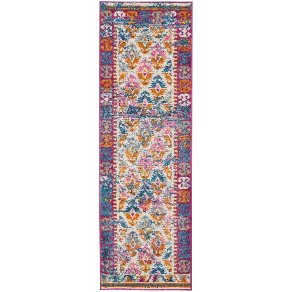 2’ x 6’ Ivory and Magenta Tribal Pattern Runner Rug Ivory. Picture 1