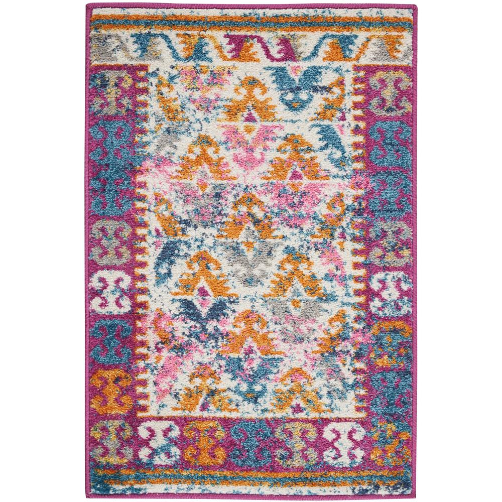 2’ x 3’ Ivory and Magenta Tribal Pattern Scatter Rug Ivory. Picture 1