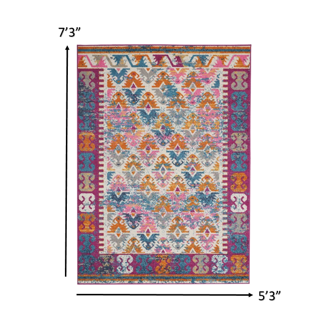 5’ x 7’ Ivory and Magenta Tribal Pattern Area Rug Ivory. Picture 6