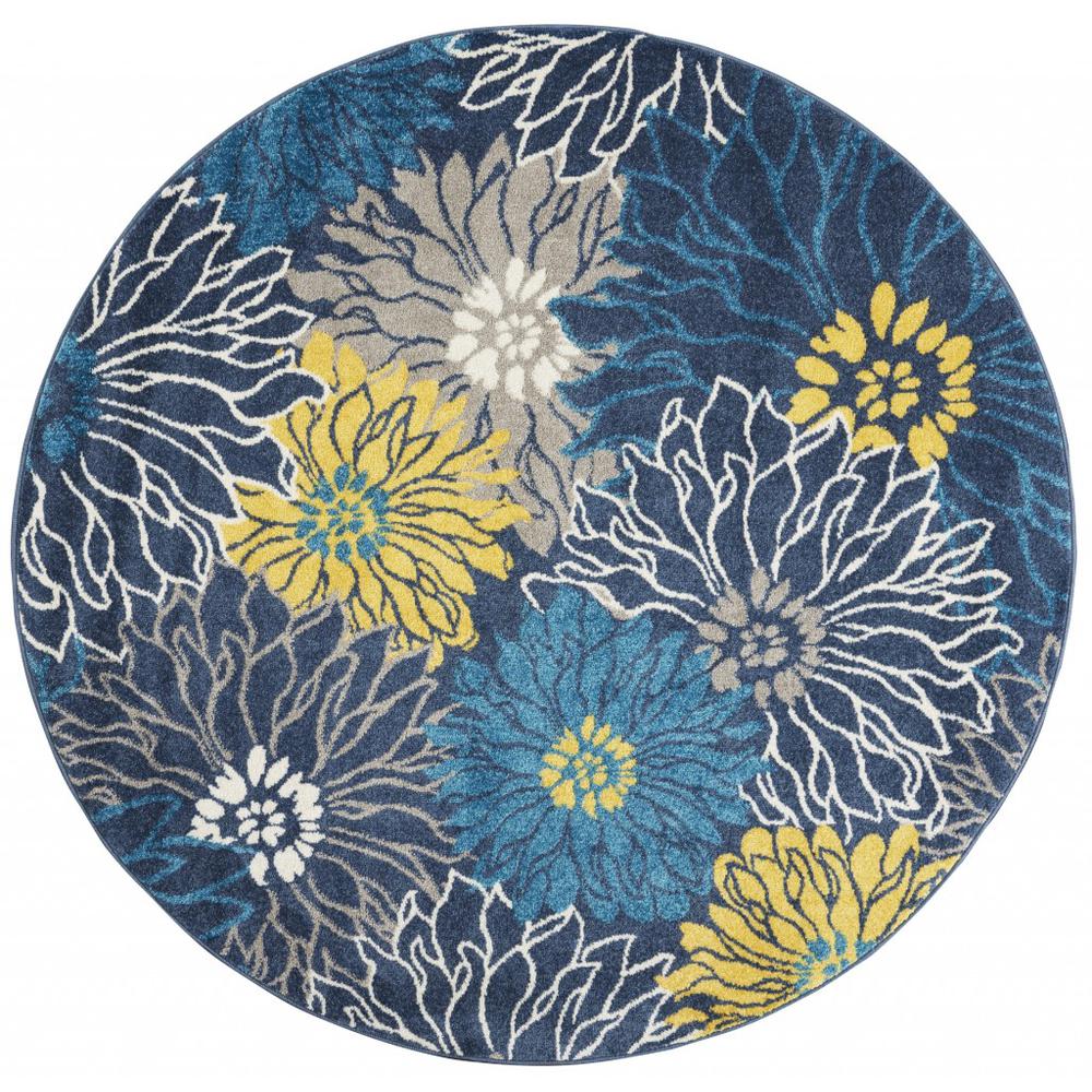 4’ Round Blue Tropical Flower Area Rug Blue. Picture 1