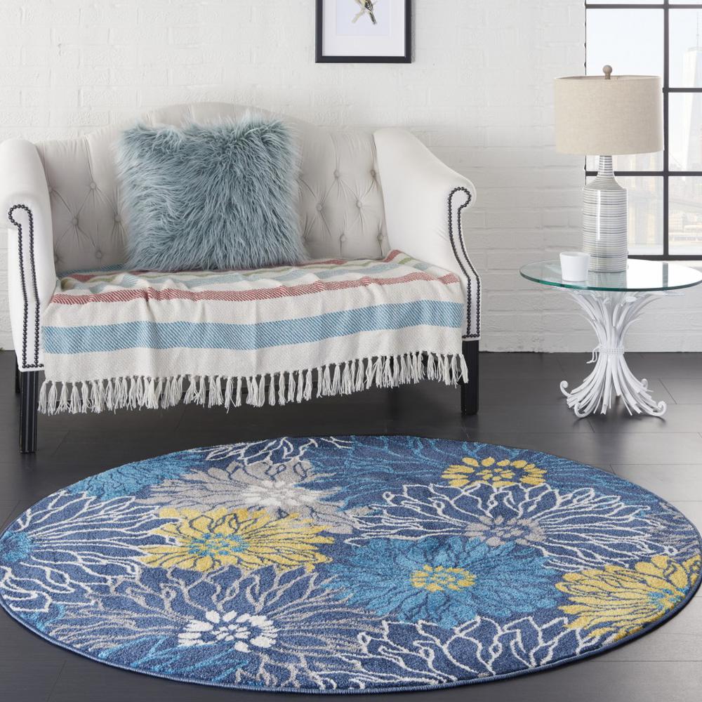 4’ Round Blue Tropical Flower Area Rug Blue. Picture 4