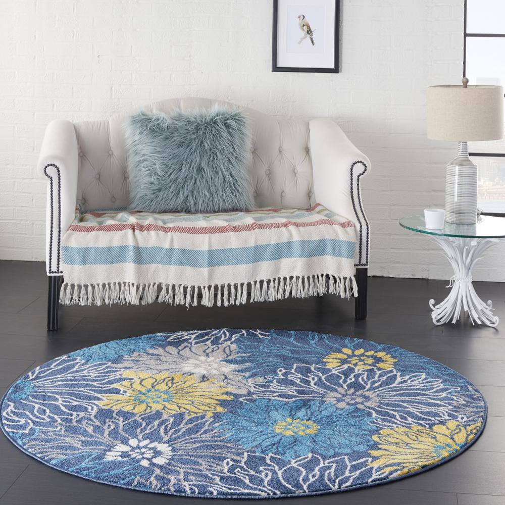 4’ Round Blue Tropical Flower Area Rug Blue. Picture 6