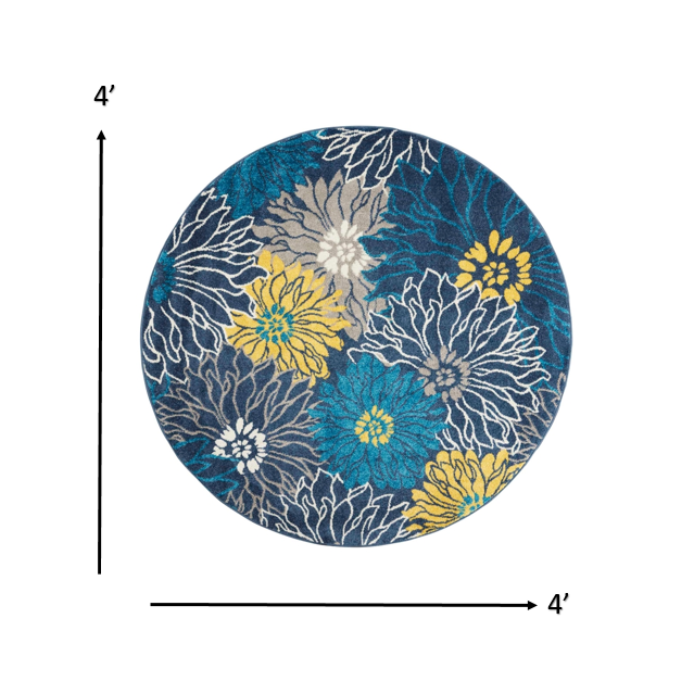 4’ Round Blue Tropical Flower Area Rug Blue. Picture 7