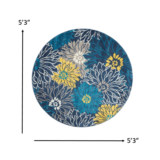 5’ Round Blue Tropical Flower Area Rug Blue. Picture 7
