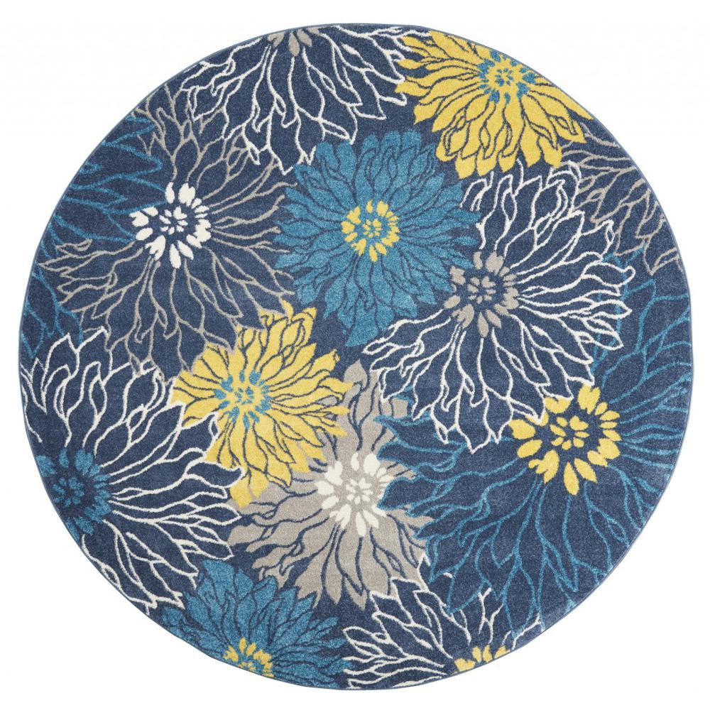 8’ Round Blue Tropical Flower Area Rug Blue. Picture 1