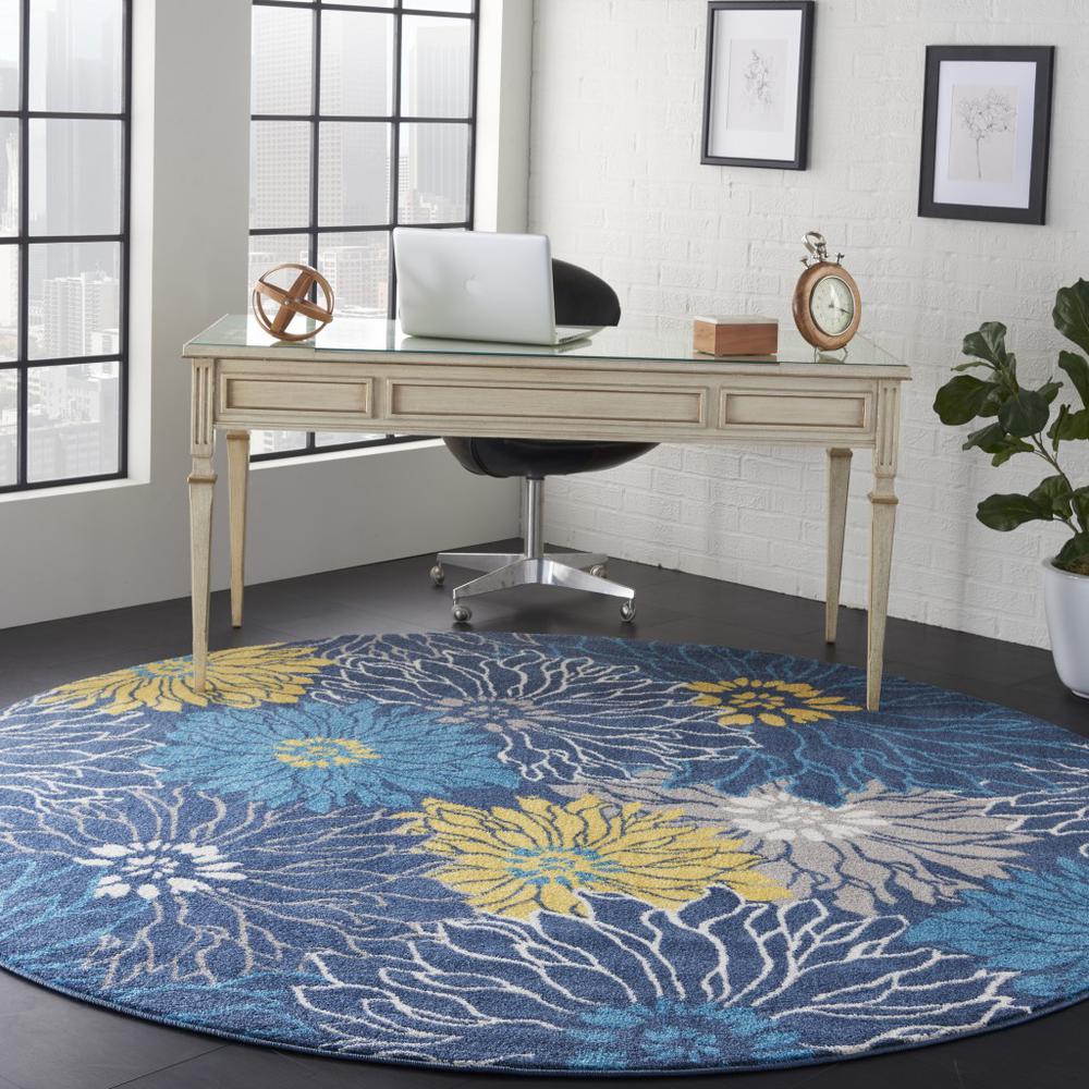 8’ Round Blue Tropical Flower Area Rug Blue. Picture 4