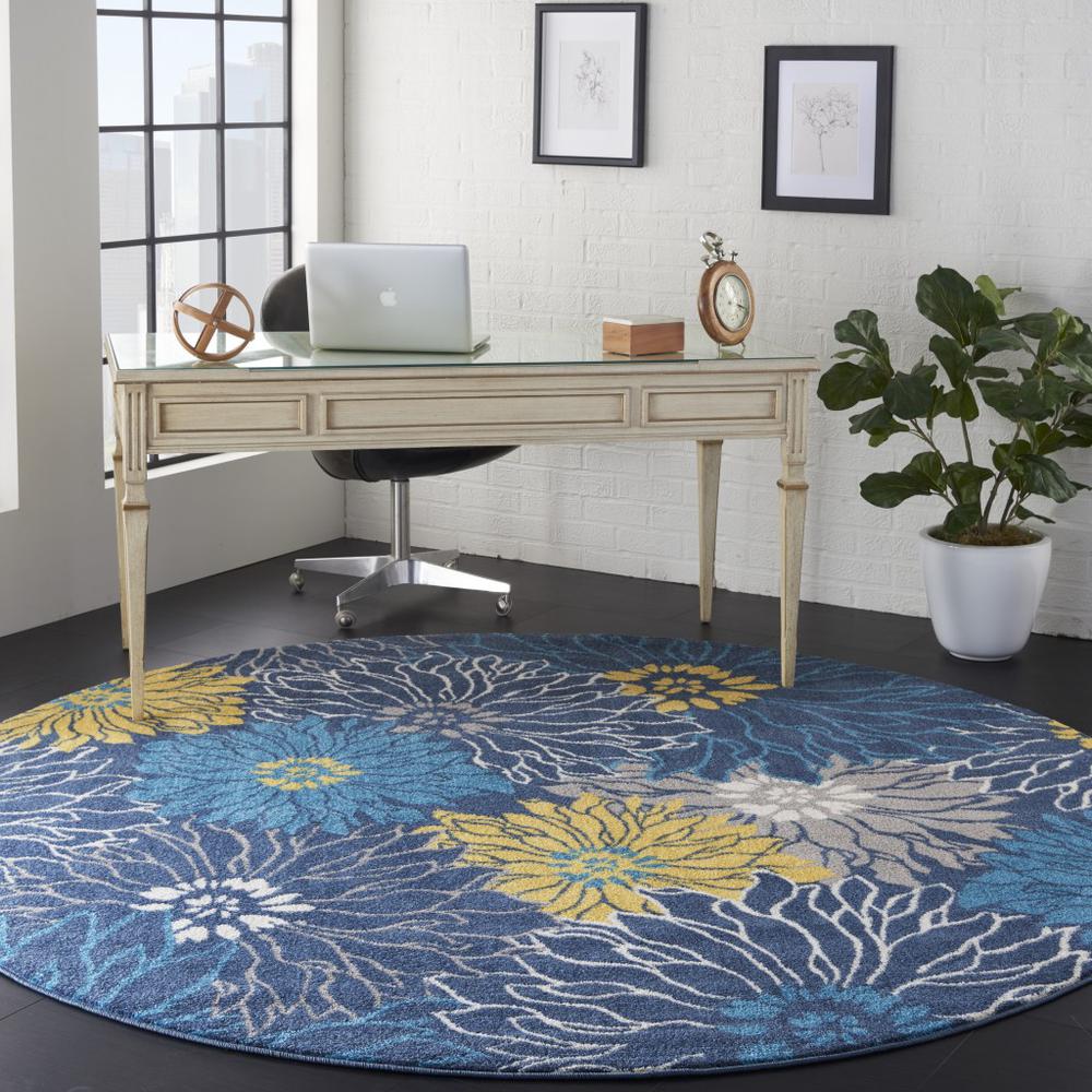 8’ Round Blue Tropical Flower Area Rug Blue. Picture 6
