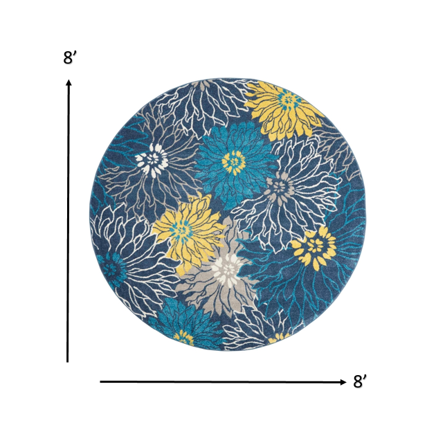 8’ Round Blue Tropical Flower Area Rug Blue. Picture 7
