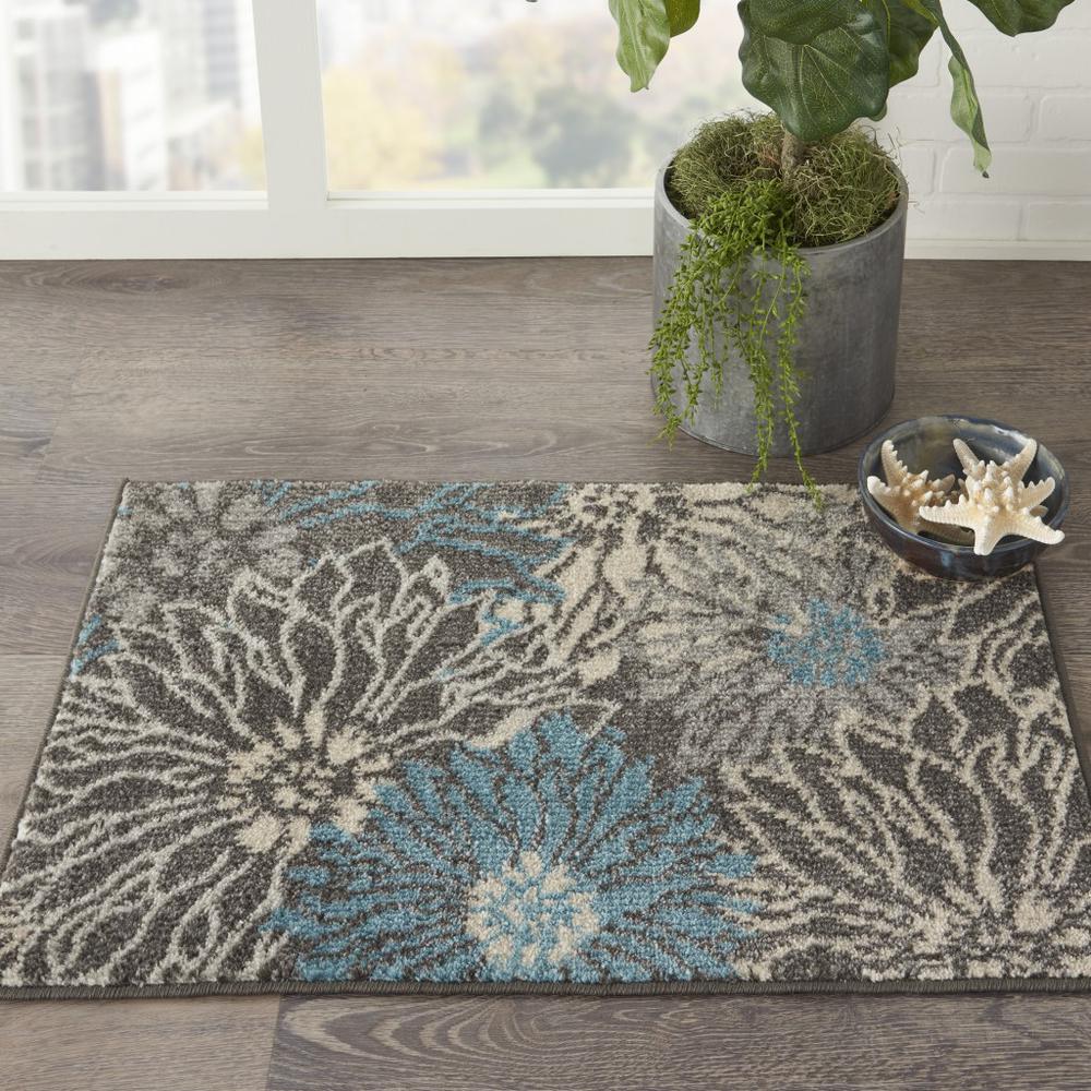 2’ x 3’ Charcoal and Blue Big Flower Scatter Rug - 385408. Picture 4