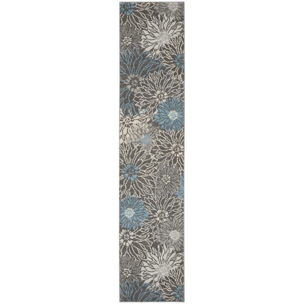 2’ x 10’ Charcoal and Blue Big Flower Runner Rug - 385410. Picture 1