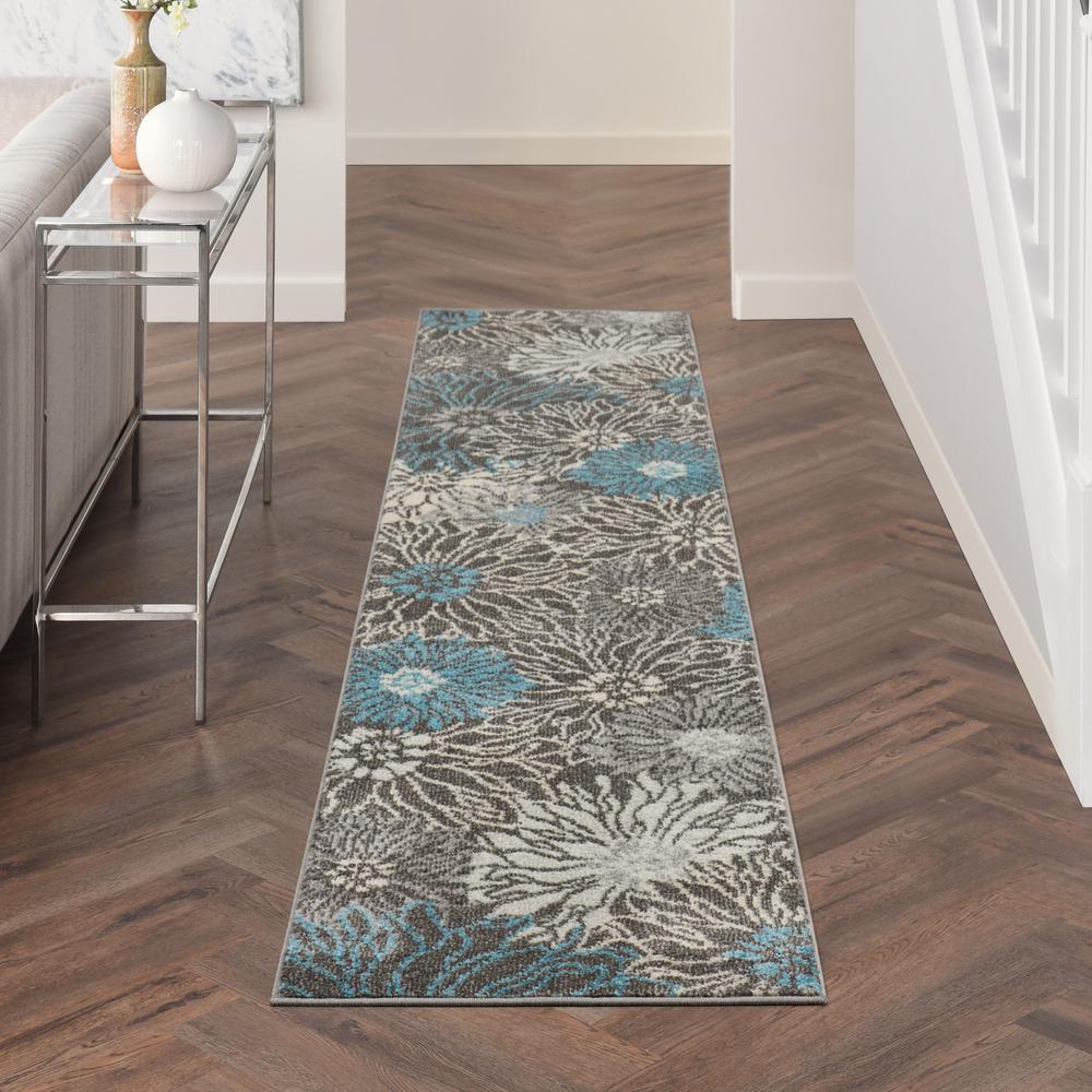 2’ x 10’ Charcoal and Blue Big Flower Runner Rug - 385410. Picture 4