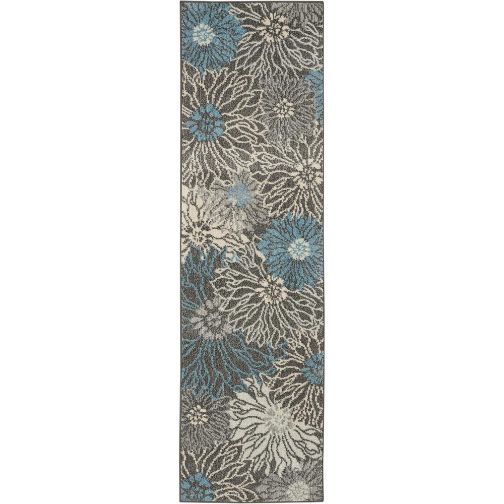 2’ x 8’ Charcoal and Blue Big Flower Runner Rug - 385411. Picture 1