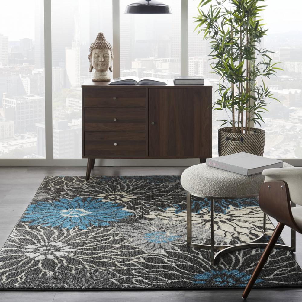4’ x 6’ Charcoal and Blue Big Flower Area Rug - 385412. Picture 4