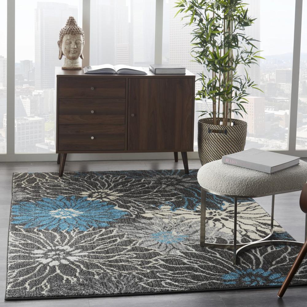 4’ x 6’ Charcoal and Blue Big Flower Area Rug - 385412. Picture 6