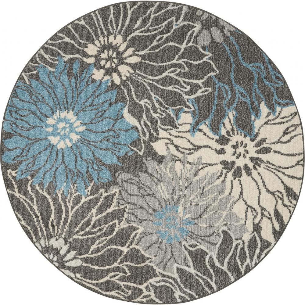 4’ Round Charcoal and Blue Big Flower Area Rug - 385413. Picture 1