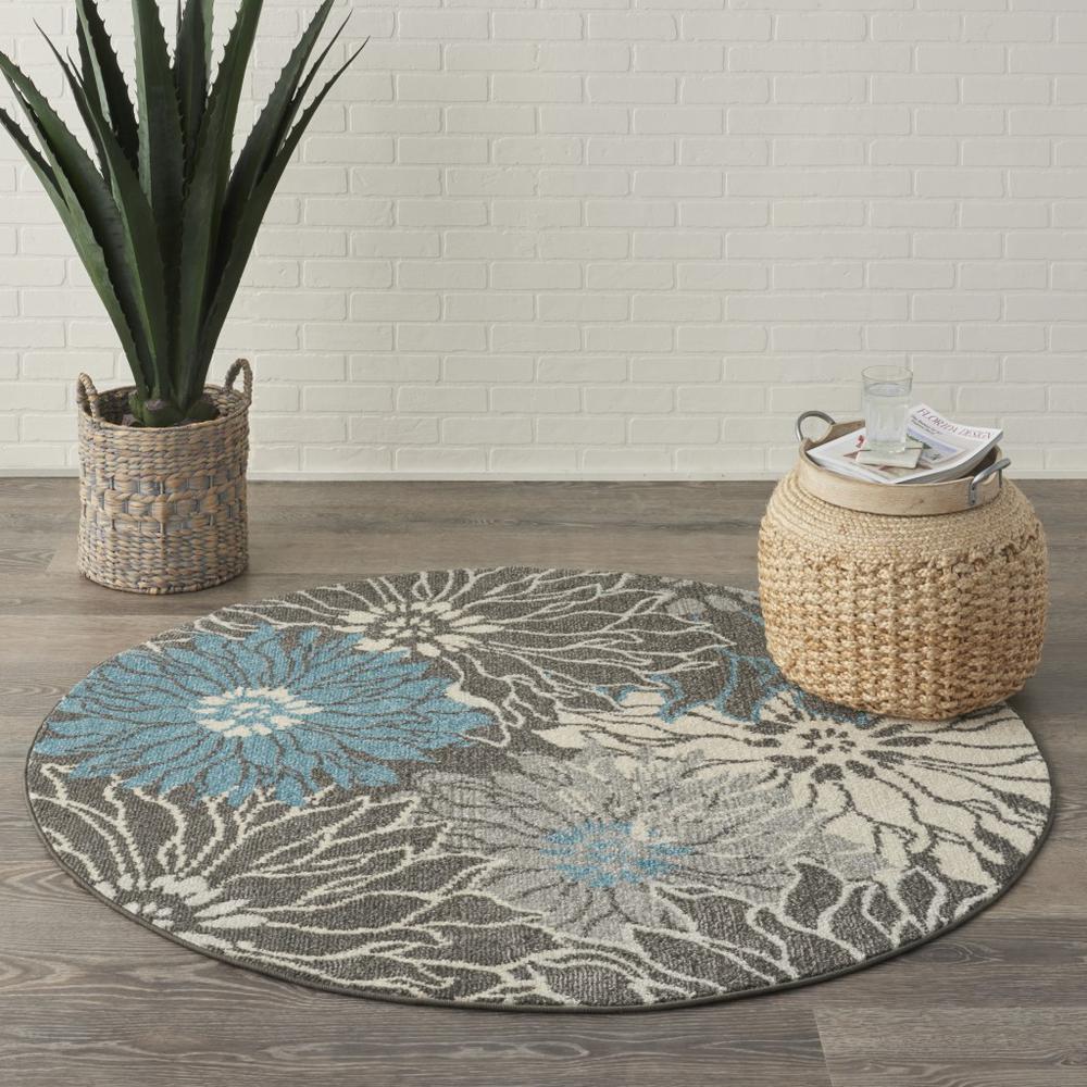 4’ Round Charcoal and Blue Big Flower Area Rug - 385413. Picture 4