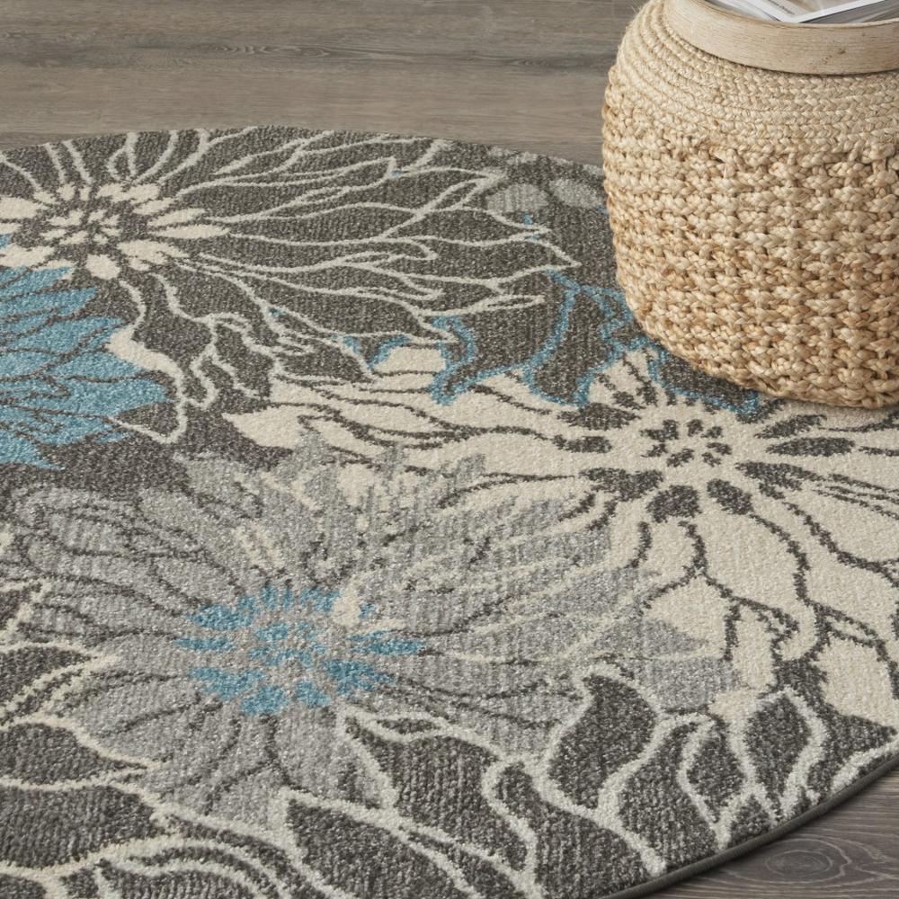 4’ Round Charcoal and Blue Big Flower Area Rug - 385413. Picture 5