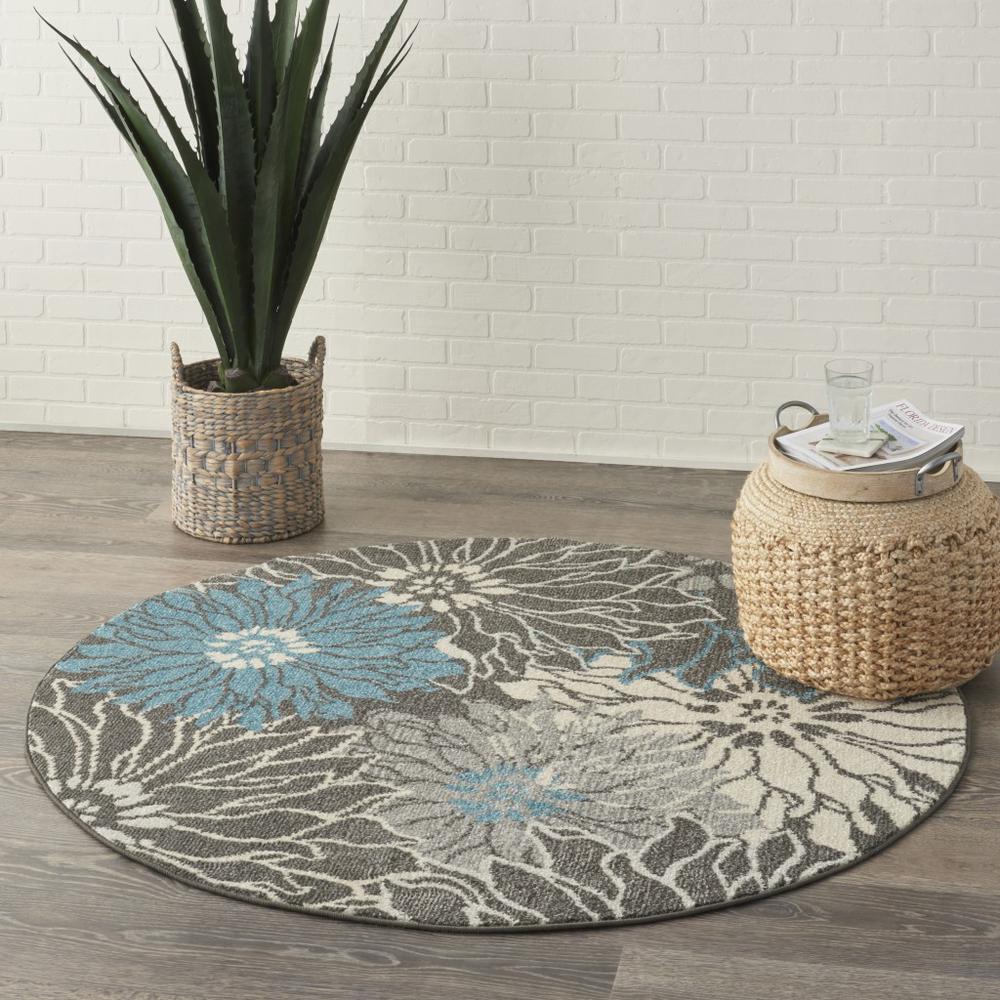4’ Round Charcoal and Blue Big Flower Area Rug - 385413. Picture 6