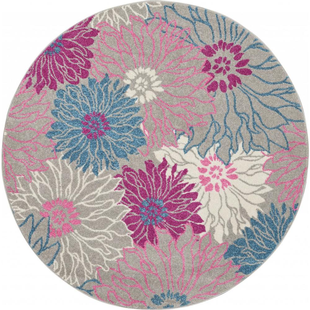 5’ Round Gray and Pink Tropical Flower Area Rug Grey. Picture 1