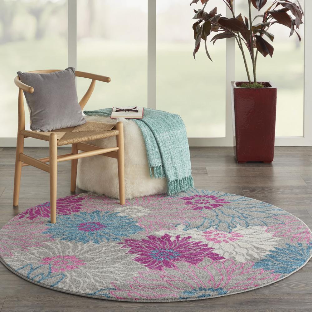 5’ Round Gray and Pink Tropical Flower Area Rug Grey. Picture 4