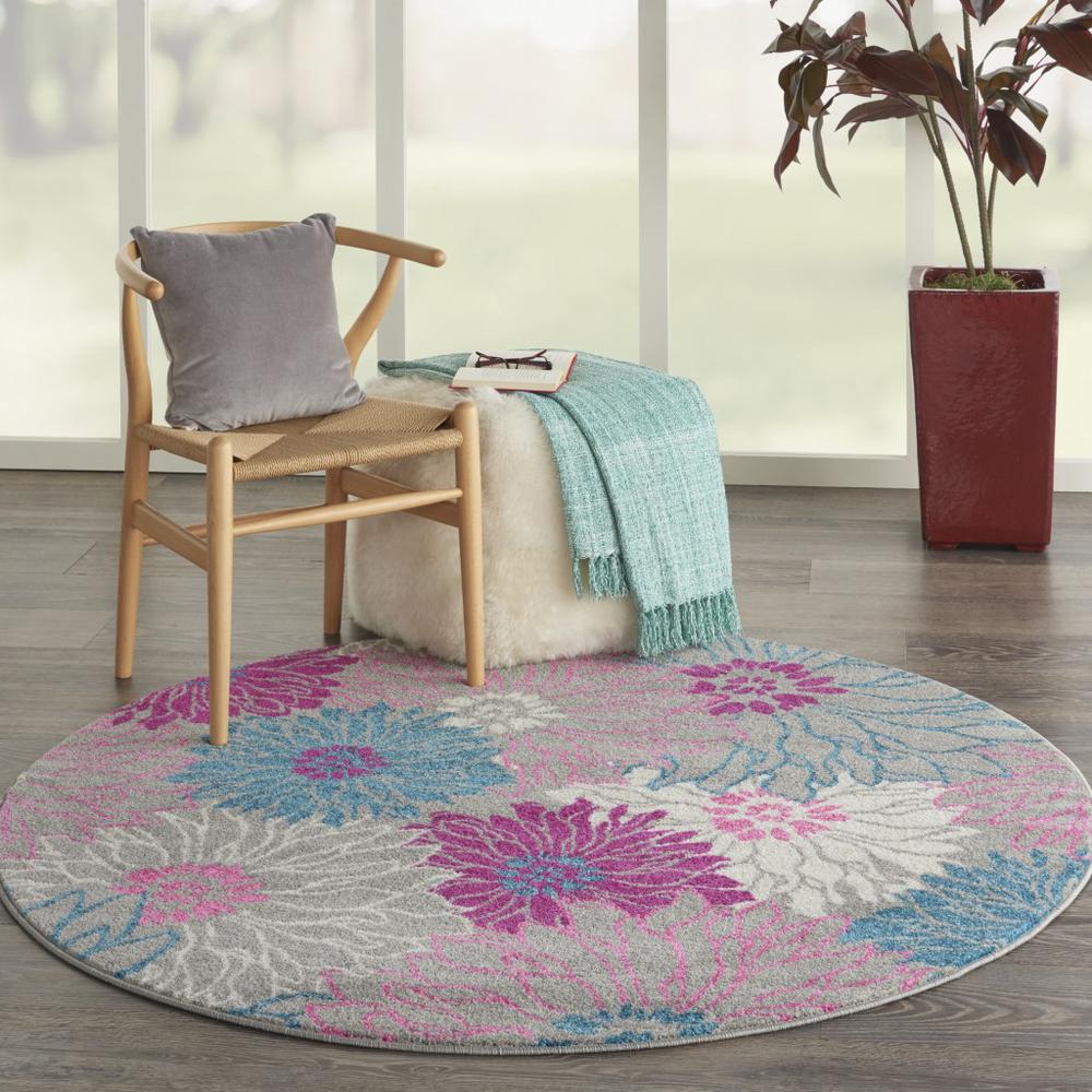 5’ Round Gray and Pink Tropical Flower Area Rug Grey. Picture 6