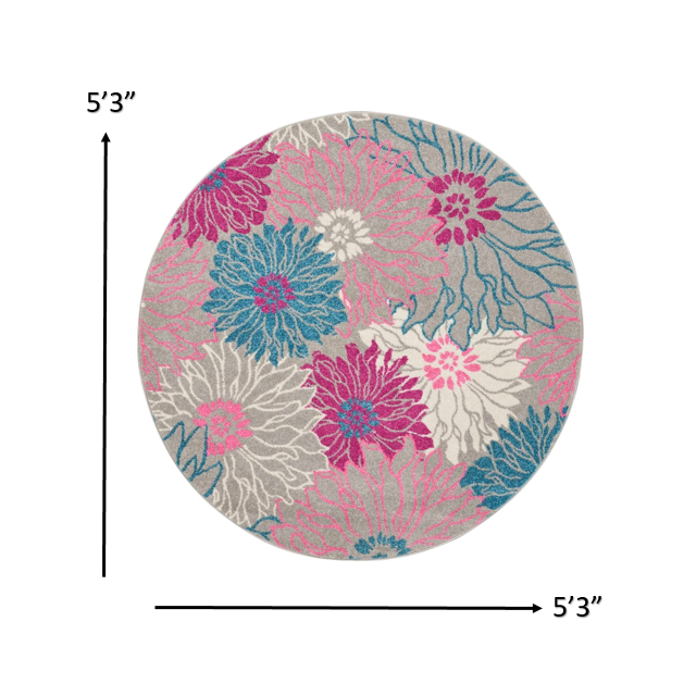 5’ Round Gray and Pink Tropical Flower Area Rug Grey. Picture 7