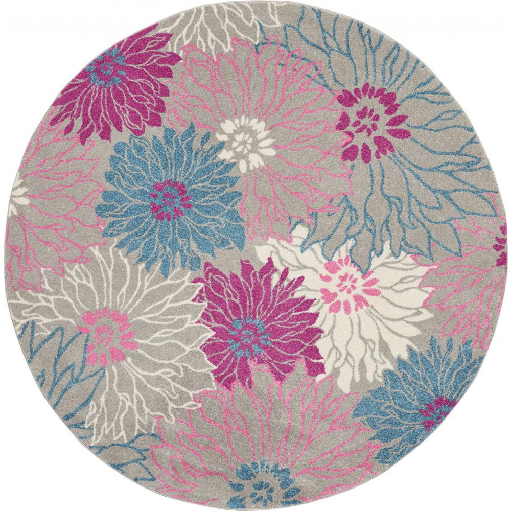 8’ Round Gray and Pink Tropical Flower Area Rug Grey. Picture 1