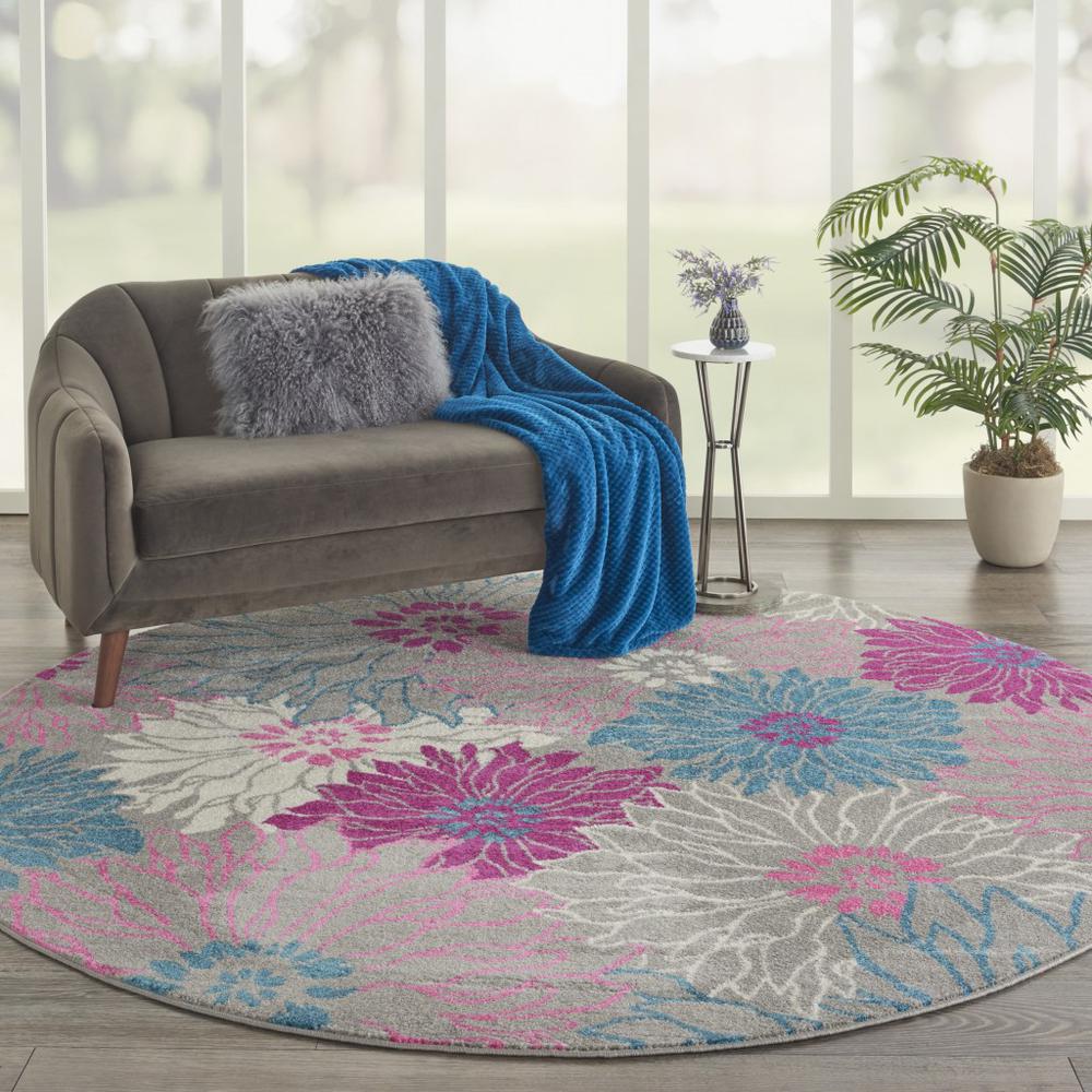 8’ Round Gray and Pink Tropical Flower Area Rug Grey. Picture 4