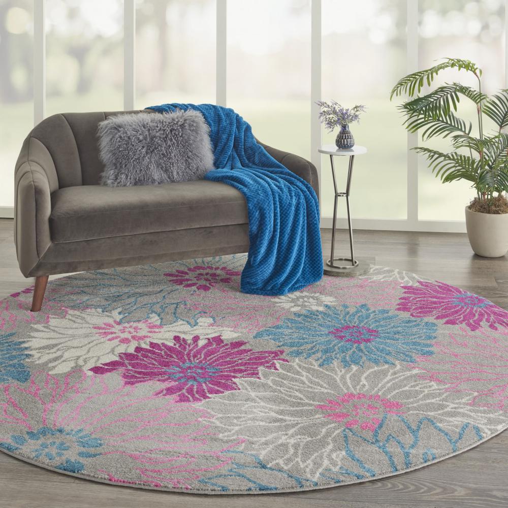 8’ Round Gray and Pink Tropical Flower Area Rug Grey. Picture 6