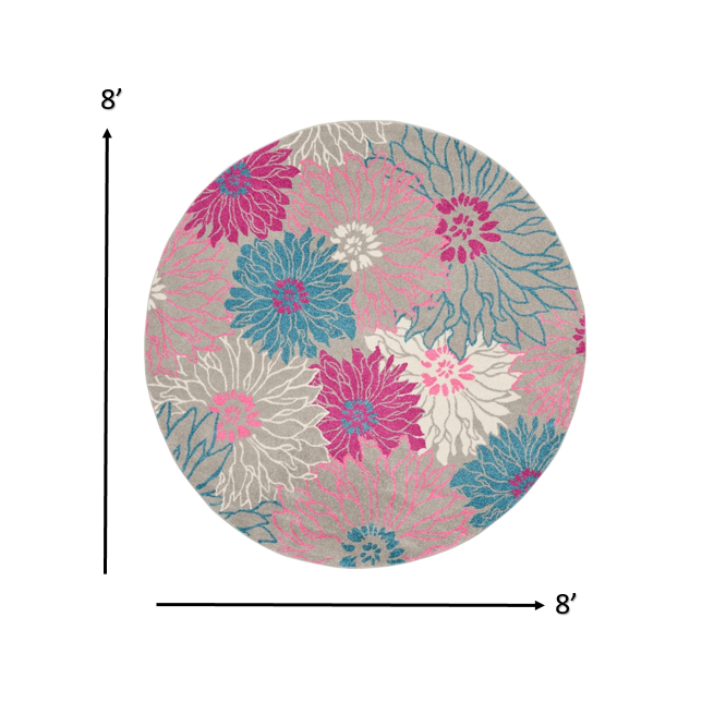8’ Round Gray and Pink Tropical Flower Area Rug Grey. Picture 7