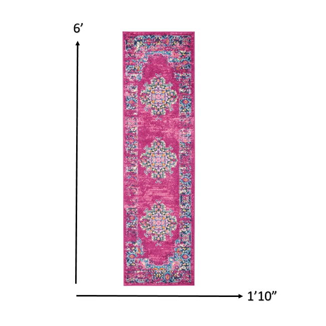 2’ x 6’ Fuchsia and Blue Distressed Runner Rug Fuchsia. Picture 2