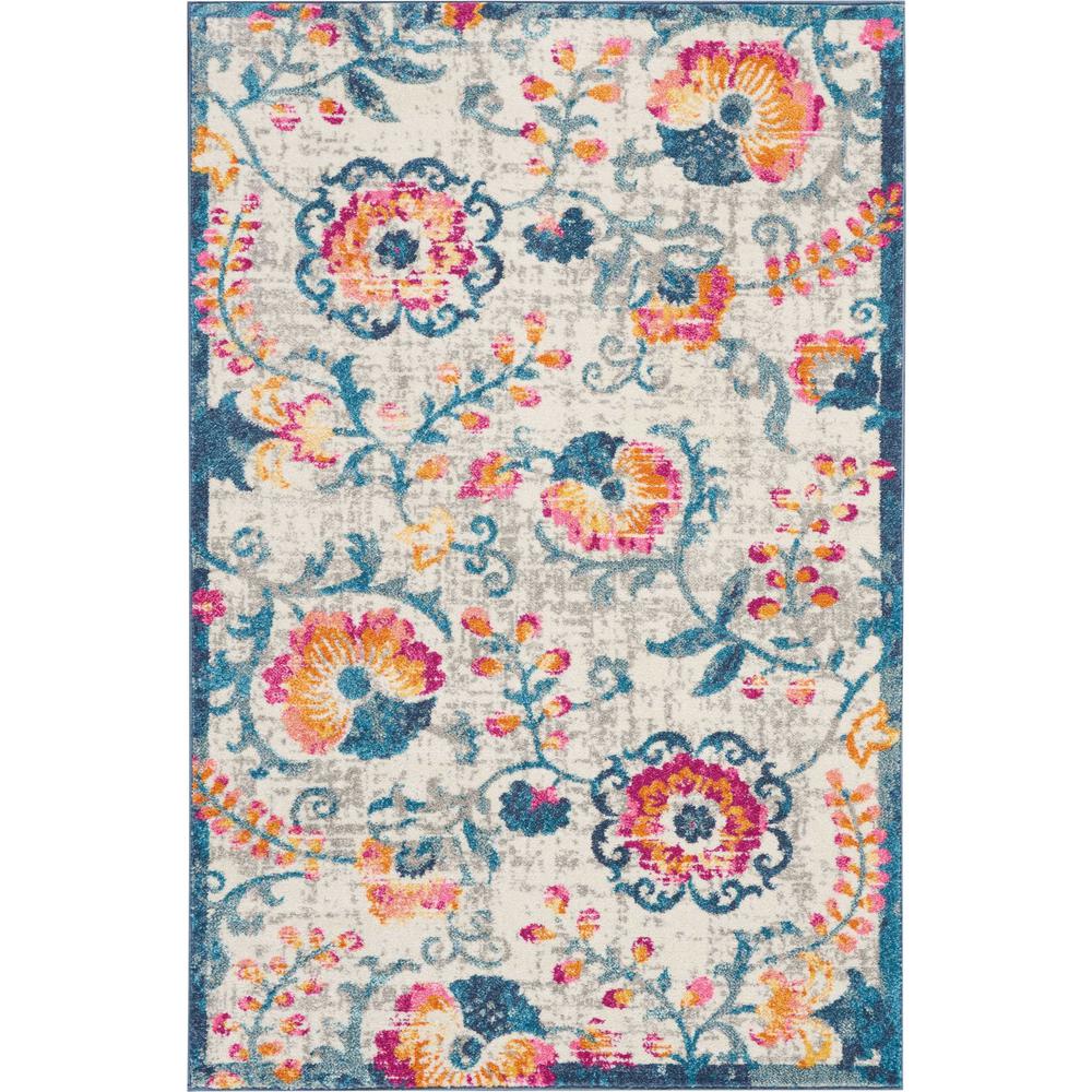 4’ x 6’ Ivory and Blue Floral Vines Area Rug Ivory. Picture 1