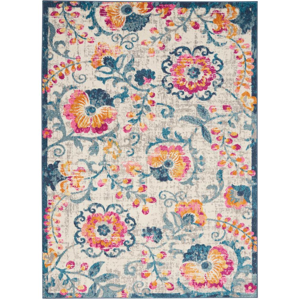 5’ x 7’ Ivory and Blue Floral Vines Area Rug Ivory. Picture 1