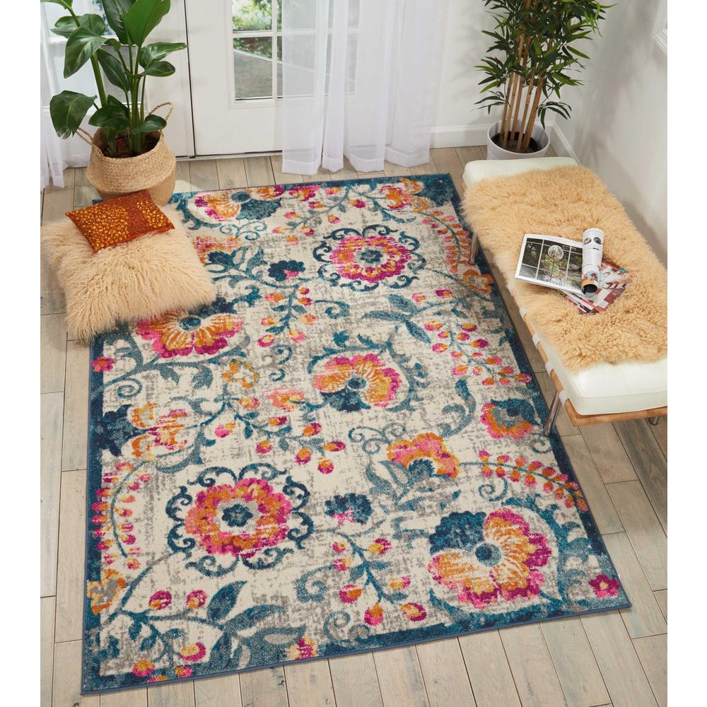 5’ x 7’ Ivory and Blue Floral Vines Area Rug Ivory. Picture 4