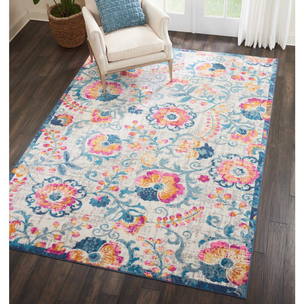 7’ x 10’ Ivory and Blue Floral Vines Area Rug Ivory. Picture 4