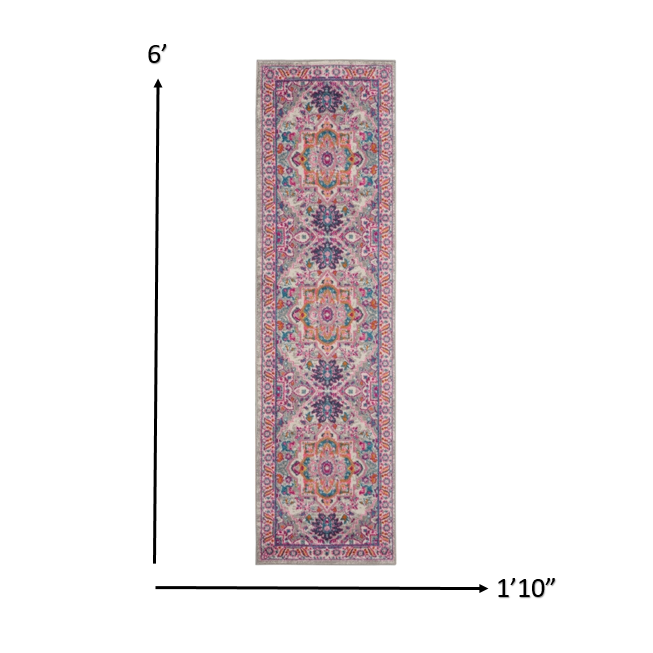 2’ x 6’ Light Gray and Pink Medallion Runner Rug Light Grey/Pink. Picture 5