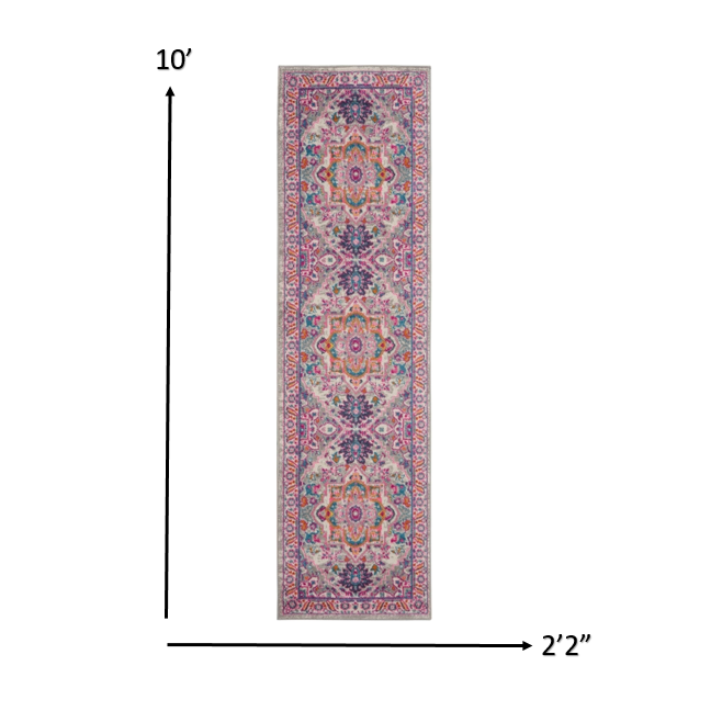 2’ x 10’ Light Gray and Pink Medallion Runner Rug Light Grey/Pink. Picture 5