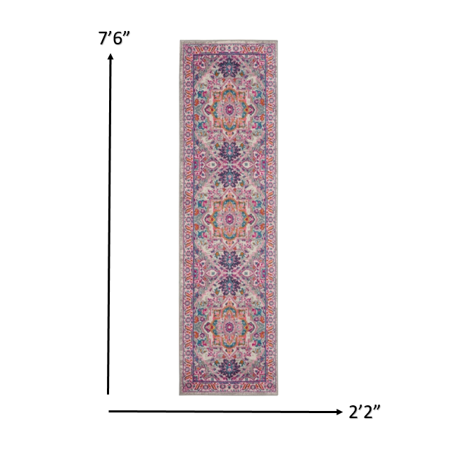 2’ x 8’ Light Gray and Pink Medallion Runner Rug Light Grey/Pink. Picture 5