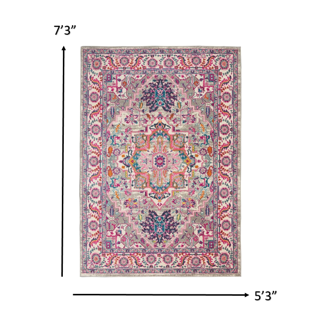 5’ x 7’ Light Gray and Pink Medallion Area Rug Light Grey/Pink. Picture 7